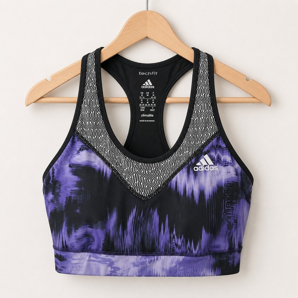 Adidas Gymcore Sports Bra Women M Purple Tie Dye Geometric Techfit Activewear